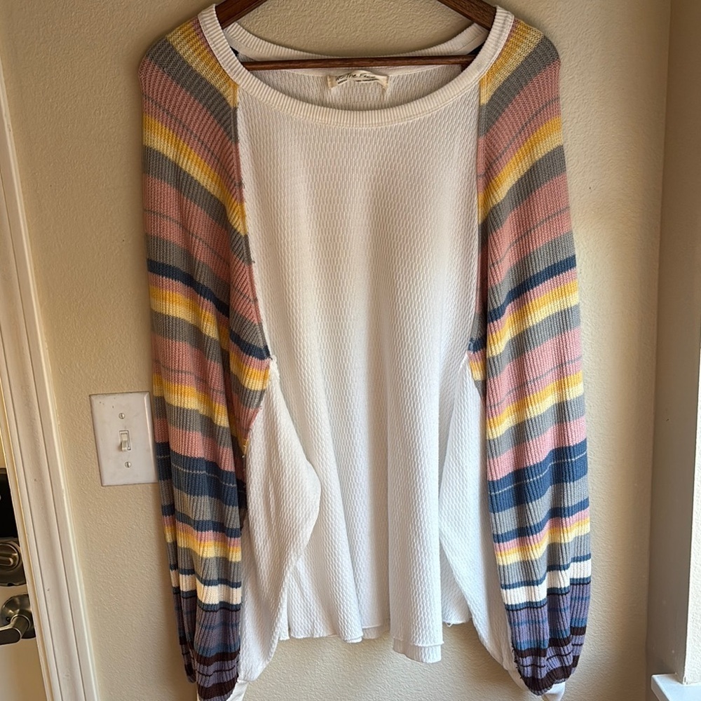 Free People Striped Sleeve White Knit Top